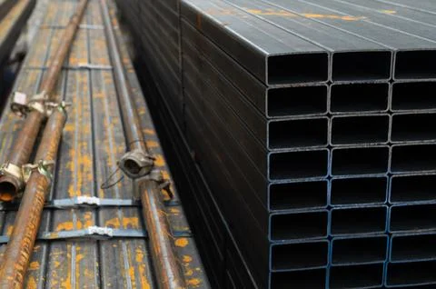 Stack​ of​ rectangular steel pipes​ Stock Photos