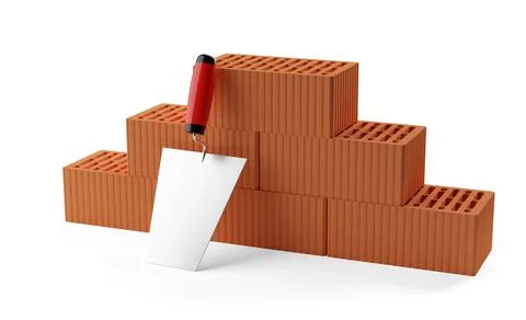 Stack of red brick stones with metal trowel standing in front on white back.. Stock Illustration
