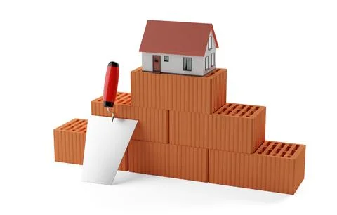 Stack of red brick stones with metal trowel standing in front and model min.. Stock Illustration