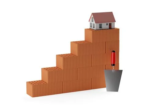 Stack of red brick stones with metal trowel standing in front and model min.. Stock Illustration