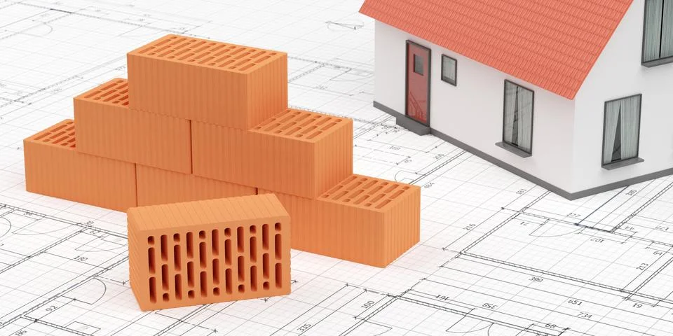 Stack of red brick stones with miniature house model on architectural build.. Stock Illustration