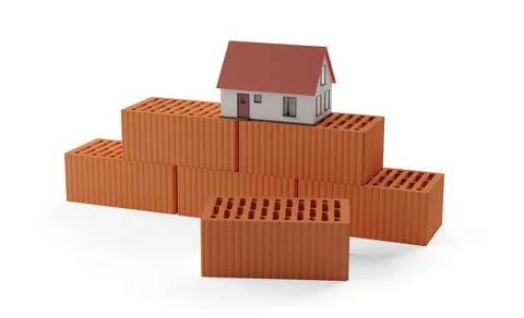 Stack of red brick stones with model miniature house on top on white backgr.. Stock Illustration