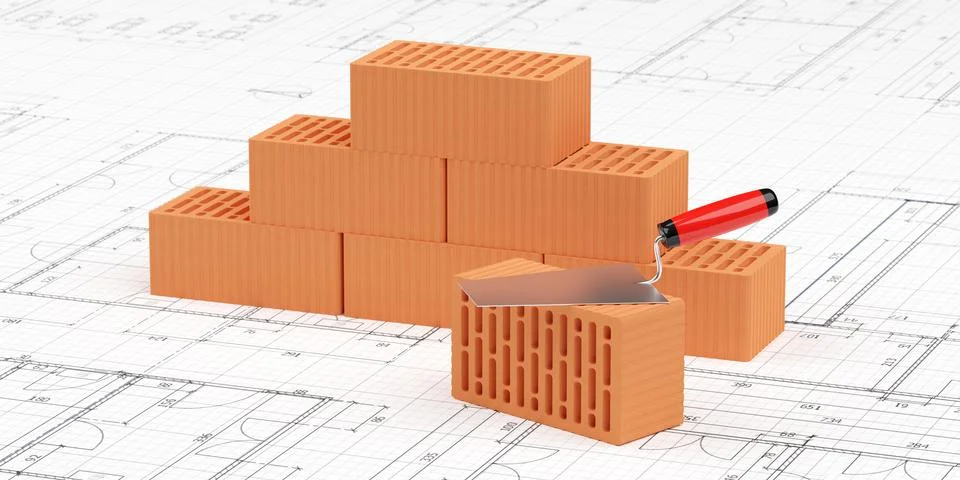 Stack of red brick stones with single brick with trowel on top on architect.. Stock Illustration