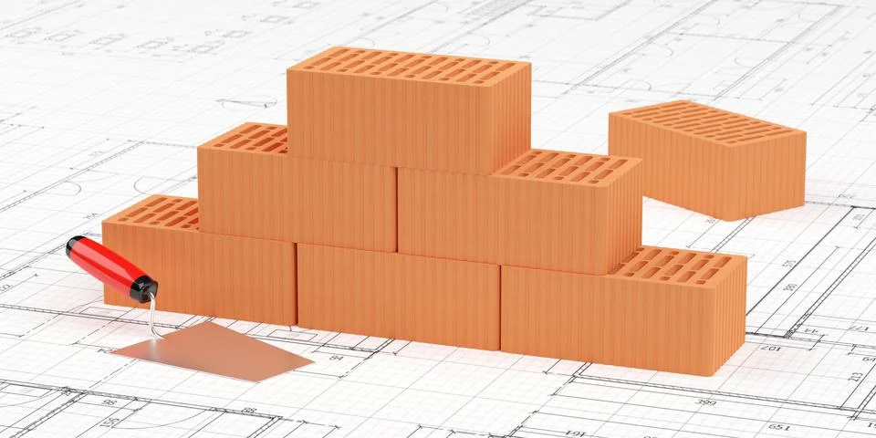 Stack of red brick stones with trowel in front on architectural building co.. Stock Illustration