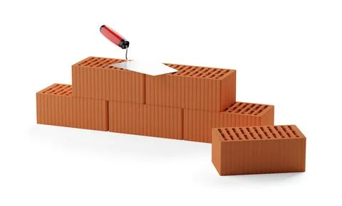 Stack of red brick stones with trowel on top over white background, constru.. Stock Illustration
