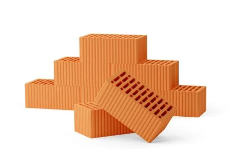 Stack of red brick stones  with two single bricks in front over white backgro Stock Illustration