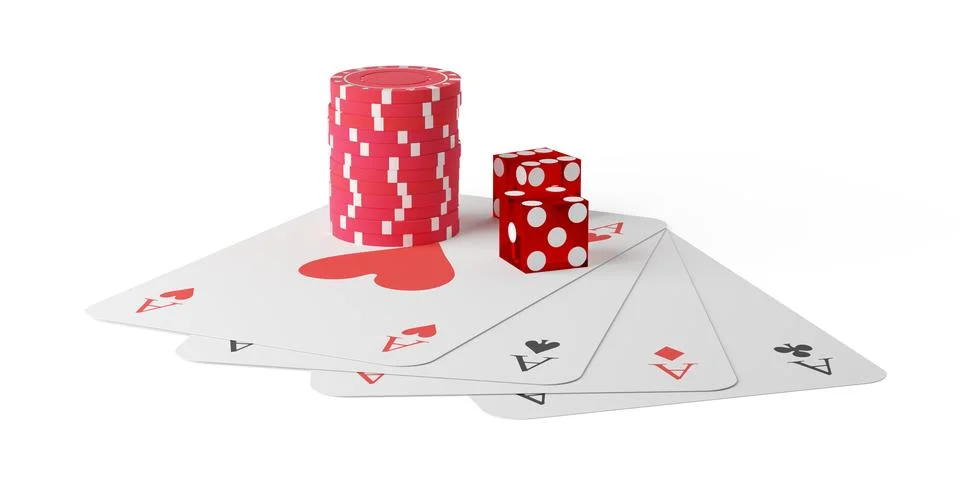 Stack of red casino chips or tokens and two red casino dice with four aces .. Stock Illustration
