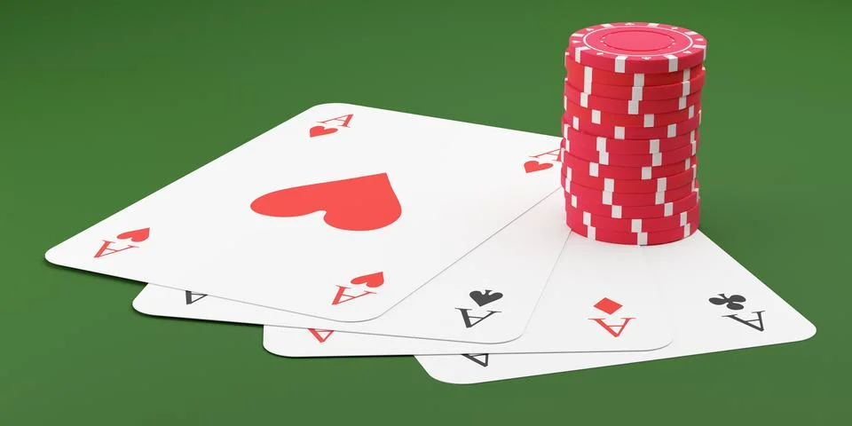 Stack of red casino chips or tokens with four aces playing cards on green c.. 库存插图