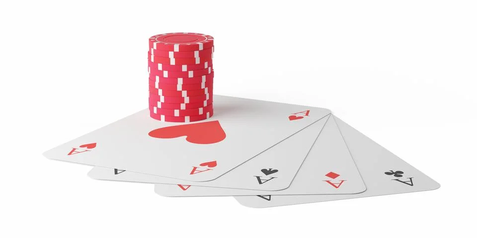 Stack of red casino chips or tokens with four aces playing cards over white.. 库存插图