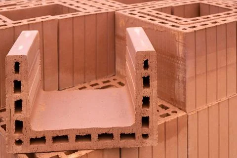 Stack of Red clay Ceramic Thermo Bricks construction material, Work Modular.. Stock Photos