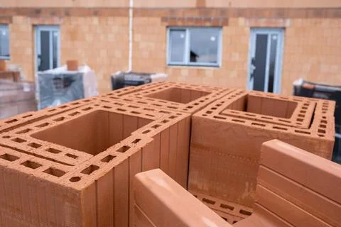 Stack of Red clay Ceramic Thermo Bricks construction material, Work Modular.. Stock Photos