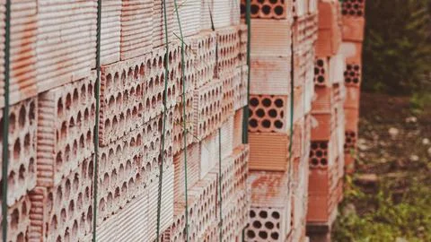 A stack of red hollow clay bricks secured with green straps on wooden pallets Stock Photos