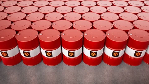 Stack of red metal fuel barrels. 動画素材 119398950