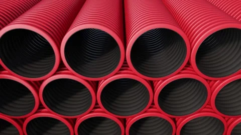 Stack of red pipes positioned in front of an sewer construction site. 3D render Stock-Footage 295646168