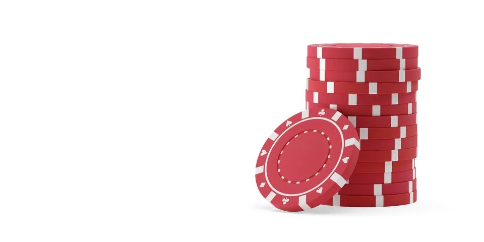 Stack of red poker chips or tokens with one leaning over white background w.. Stock Illustration