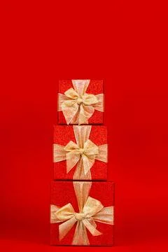 Stack of red present boxes. Saint Valentine day. Stack of amazing red gift... Stock Photos