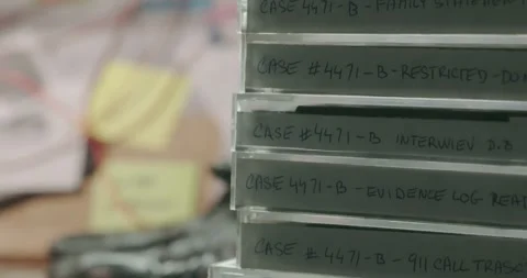 Stack of Retro Cassette Tapes on Detective Desk for Cold Case Archive Stock Footage 346643512