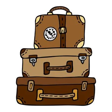A stack of retro leather traveler suitcases with a sticker and straps, brown  Stock Illustration