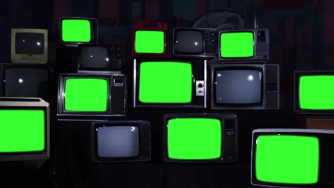 Stack of Retro Television Sets Turning Off With Green Screens, Vintage TVs - 4K Stock Footage 324989159