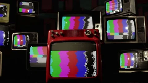 Stack of Retro Television Turning On Color Bars. 4K Resolution. Stock Footage