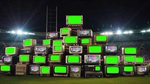 Stack of Retro Televisions With Green Screen, Inside Football Stadium at Night Stock Footage 248271992
