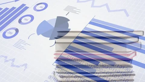 Stack rising lower-right starting striped plane moving pie rotating code fading Stock Footage 334693915