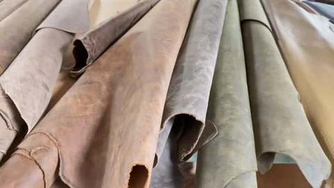 Stack of rolled, colored leather hide sheets in workshop Video stock 344906788