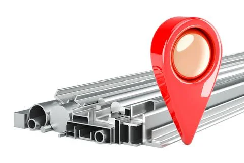 Stack of Rolled Metal Products with map pointer, 3D rendering Stock Illustration