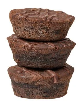Stack of round baked brownie pieces on isolated background Stock-Fotos