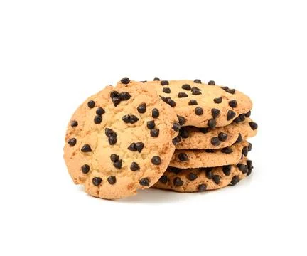 Stack of round baked cookies with chocolate pieces isolated on white backgrou Stockfoto's