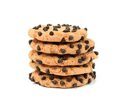 Stack of round baked cookies with chocolate pieces isolated on white backg... Stock-Fotos