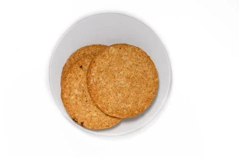Stack of round biscuit cookies isolated on white background Stock-Fotos