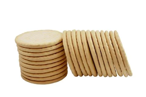 Stack of round bread crackers isolated on white background Stock-Fotos