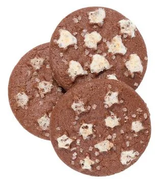 Stack of round chocolate cookies on white isolated background, top view St... Stockfoto's