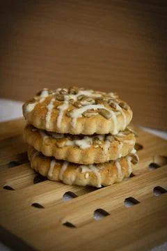 A stack of round cookies for breakfast. Fragrant pastries with sunflower seed Stockfoto's