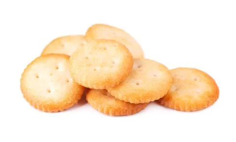 Stack round cracker isolated on white background. Dry cracker cookies isolate Stockfoto's