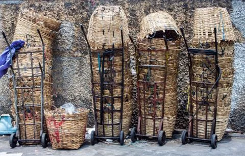 Stack of a round crate made of bamboo Stock Photos