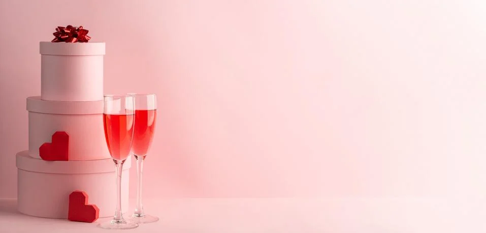 Stack of round gift boxes, glasses of red prosecco and two hearts on pink Stockfoto's