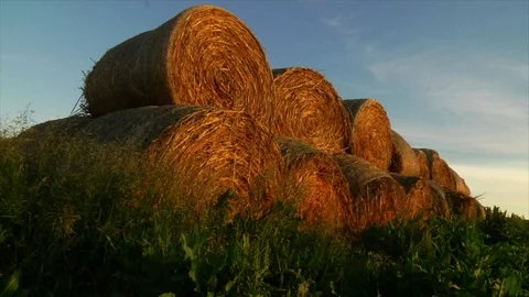 Stack of round hay bales in the morning sun Vídeo Stock 102148893