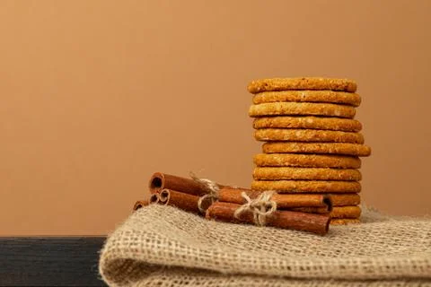 Stack of round oat cookies on paper background Stock-Fotos
