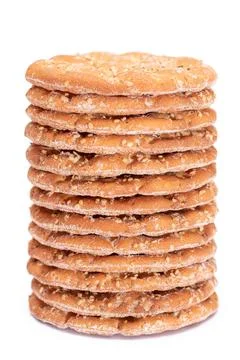 A Stack of Round Salt Crackers with Sesame Isolated on White Background Stock Photos