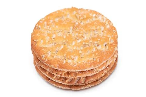 A Stack of Round Salt Crackers with Sesame Isolated on White Background Stock Photos