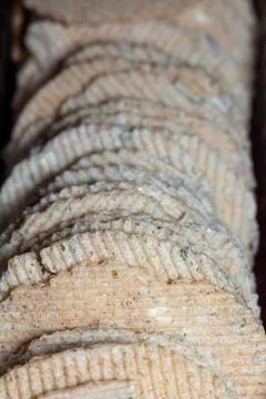 Stack of round salty crackers with textured surface for snack appetizer Stock Photos