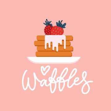 Stack of Round Waffles with Strawberry and Ice Cream topping. Vector flat ill Illustrazione stock