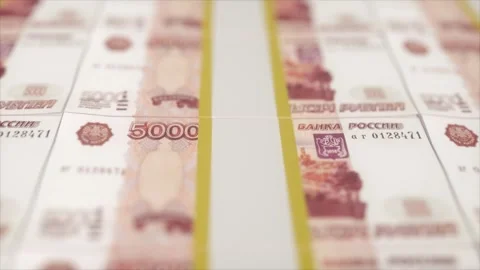 Stack of Russian 5000 Ruble Banknotes With Soft Focus and Warm Lighting Stock Footage 321814285