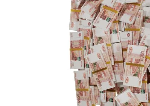 Stack Russian cash or banknotes of Rusia rubles scattered on a white Stock Illustration