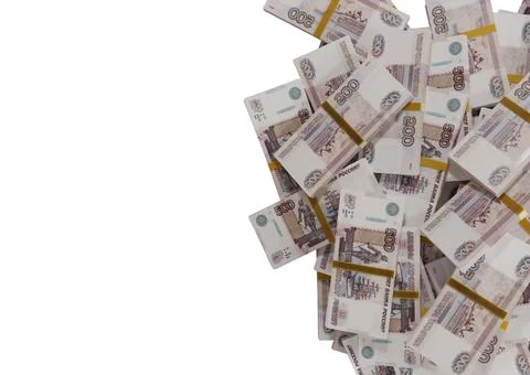 Stack Russian cash or banknotes of Rusia rubles scattered on a white backgrou Illustrazione stock