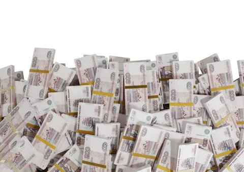 Stack Russian cash or banknotes of Rusia rubles scattered on a white backgrou Stock Illustration