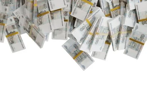 Stack Russian cash or banknotes of Rusia rubles scattered on a white backgrou Stock Illustration