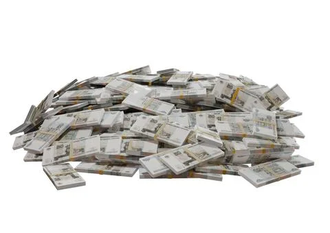 Stack Russian cash or banknotes of Rusia rubles scattered on a white backgrou Stock Illustration